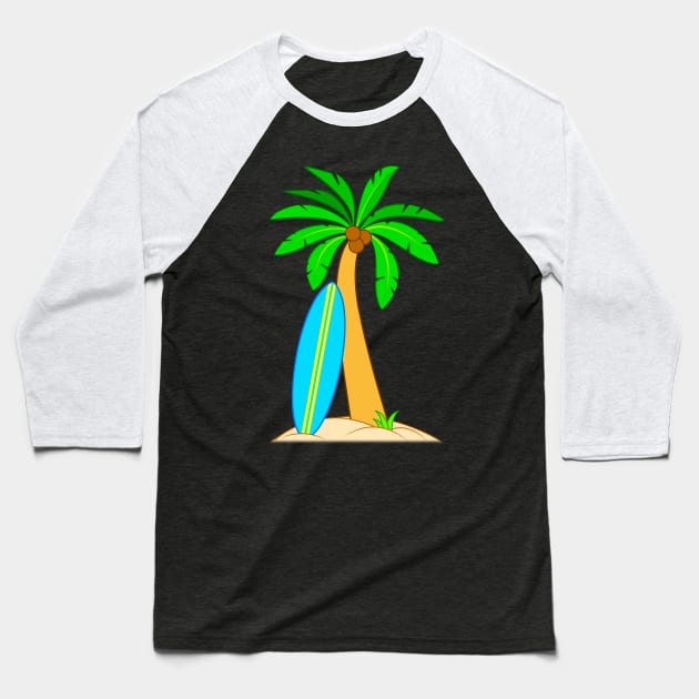 Tropical Surf Board and Palm Tree Baseball T-Shirt by PenguinCornerStore